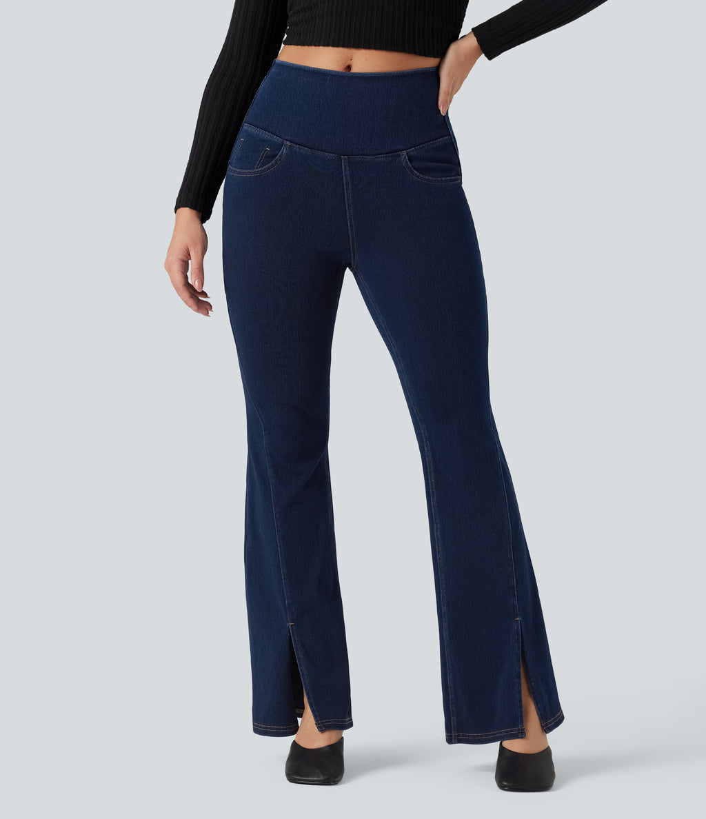 High Waisted Crossover Back Split Denim Casual Flared Leggings with Pockets — Pageant Blue Denim — view 3
