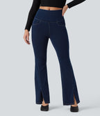 High Waisted Crossover Back Split Denim Casual Flared Leggings with Pockets — Pageant Blue Denim — view 3