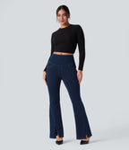 High Waisted Crossover Back Split Denim Casual Flared Leggings with Pockets — Pageant Blue Denim — view 7