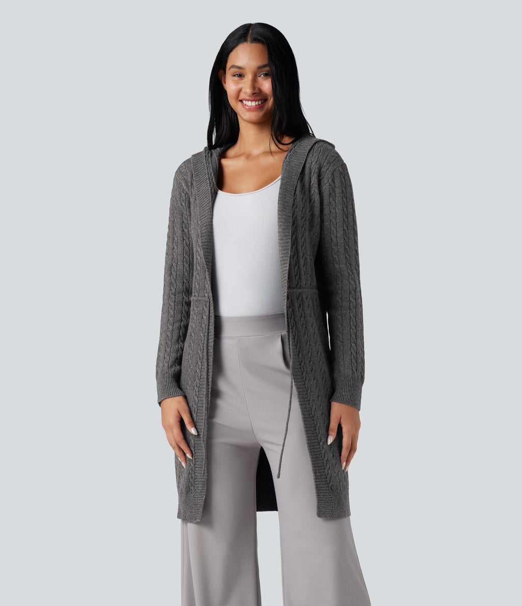 Hooded Long Sleeve Drawstring Casual Longline Cardigan — Iron Oxide — view 1
