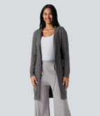 Hooded Long Sleeve Drawstring Casual Longline Cardigan — Iron Oxide — view 1