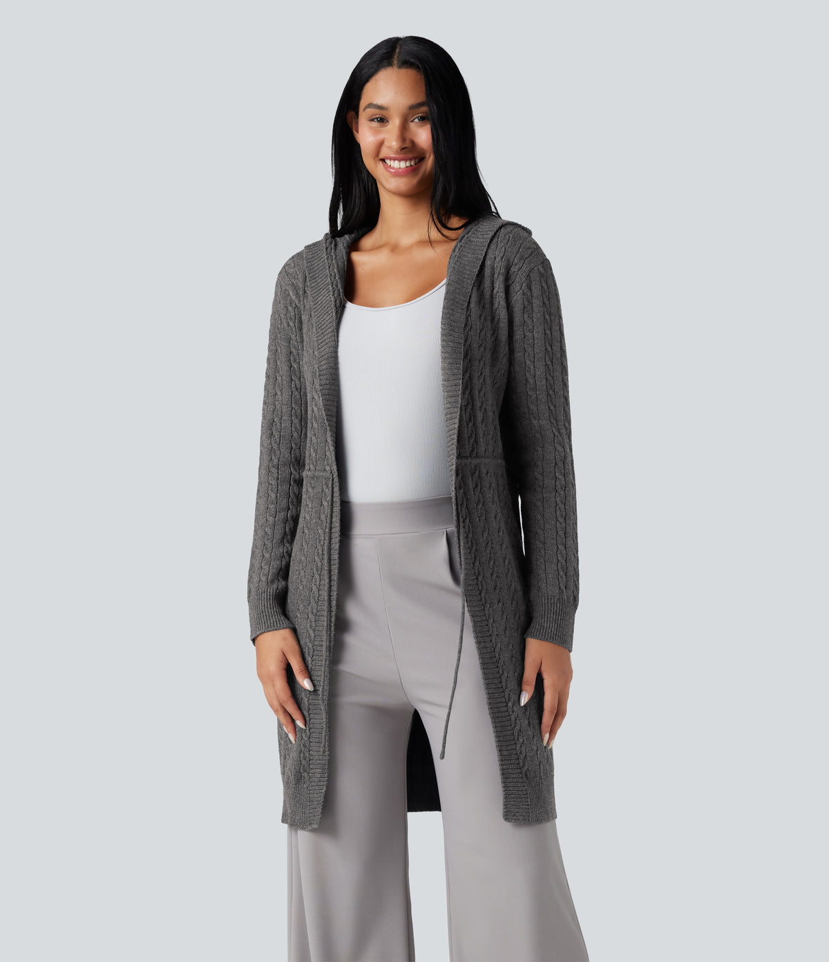 Hooded Long Sleeve Drawstring Casual Longline Cardigan — Iron Oxide — view 1