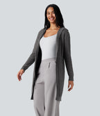 Hooded Long Sleeve Drawstring Casual Longline Cardigan — Iron Oxide — view 3