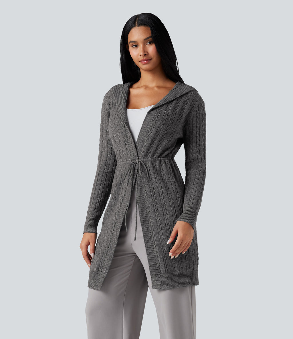 Hooded Long Sleeve Drawstring Casual Longline Cardigan — Iron Oxide — view 5
