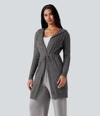 Hooded Long Sleeve Drawstring Casual Longline Cardigan — Iron Oxide — view 5