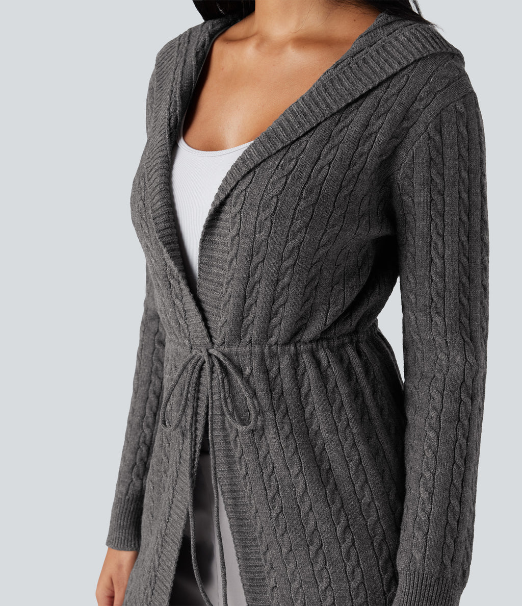 Hooded Long Sleeve Drawstring Casual Longline Cardigan — Iron Oxide — view 4