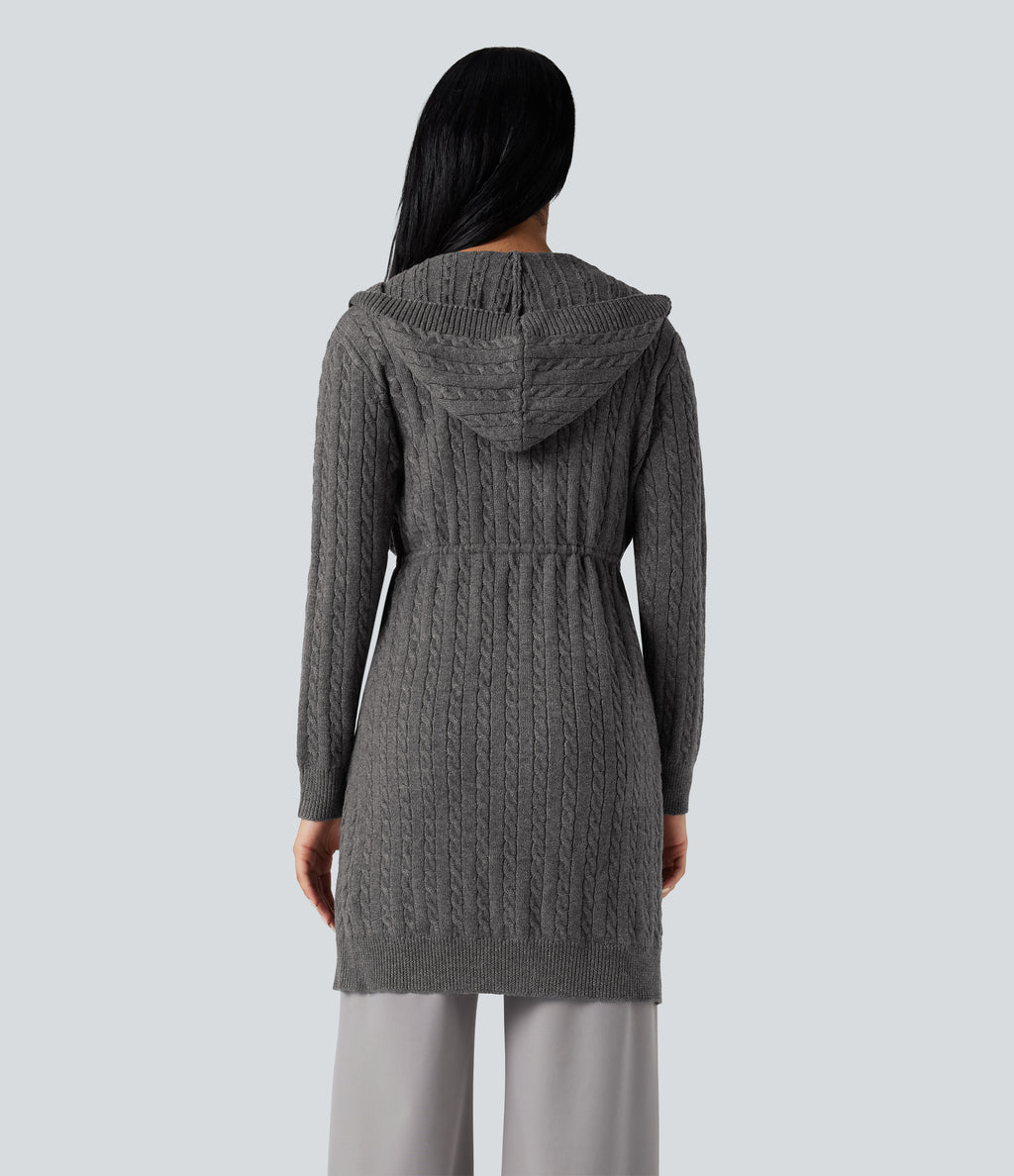Hooded Long Sleeve Drawstring Casual Longline Cardigan — Iron Oxide — view 2