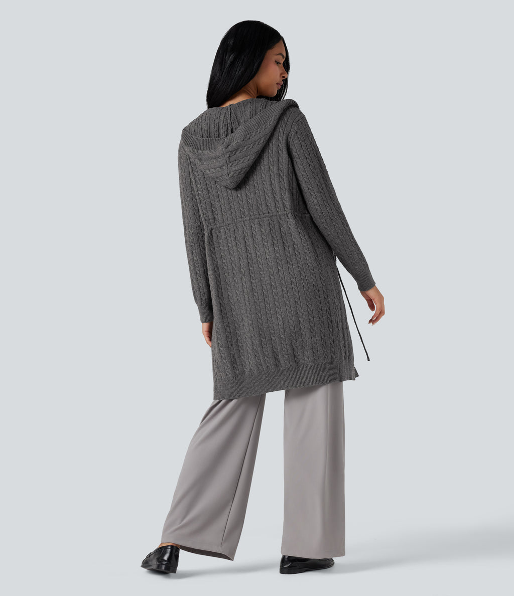 Hooded Long Sleeve Drawstring Casual Longline Cardigan — Iron Oxide — view 6