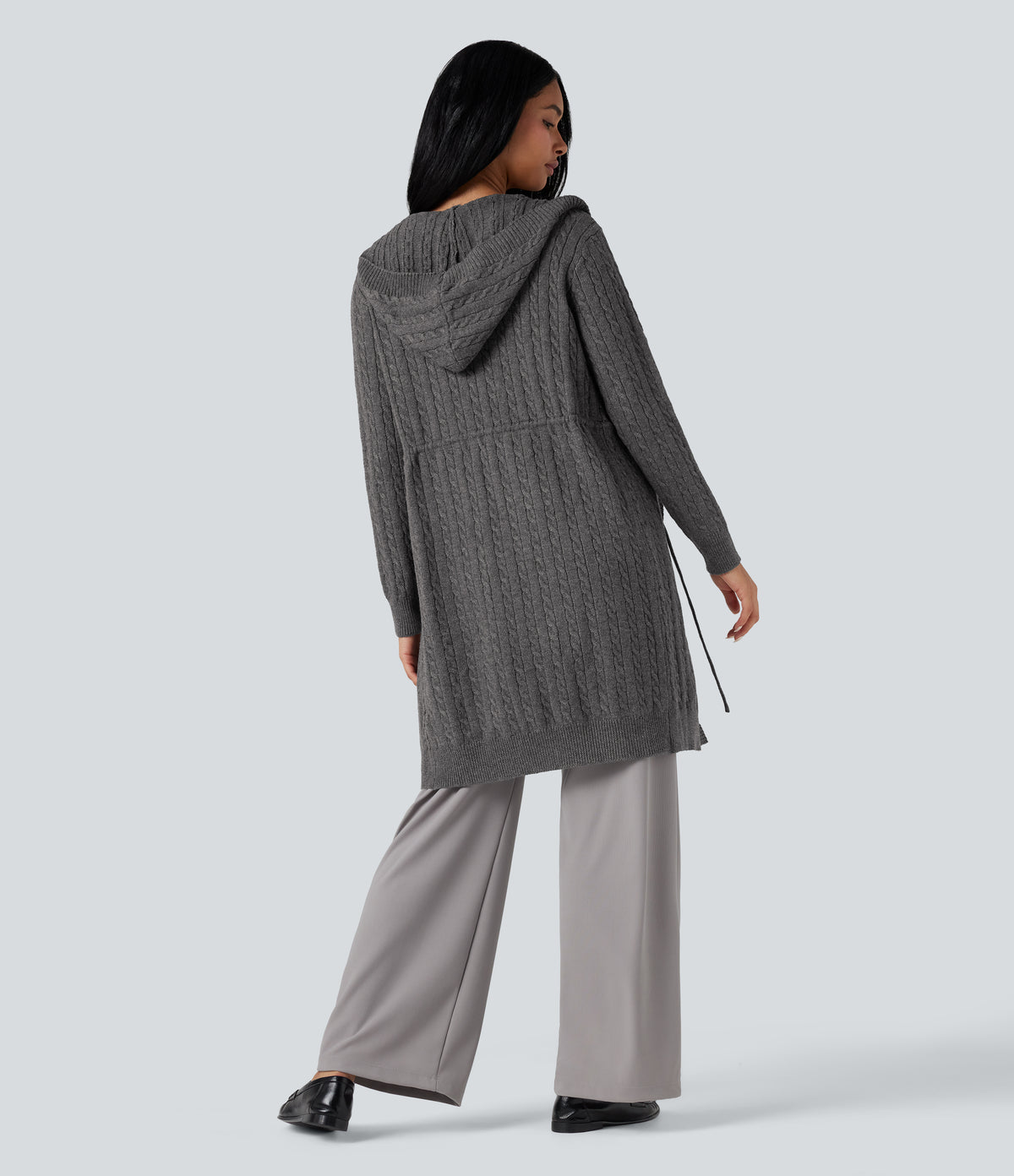 Hooded Long Sleeve Drawstring Casual Longline Cardigan — Iron Oxide — view 6