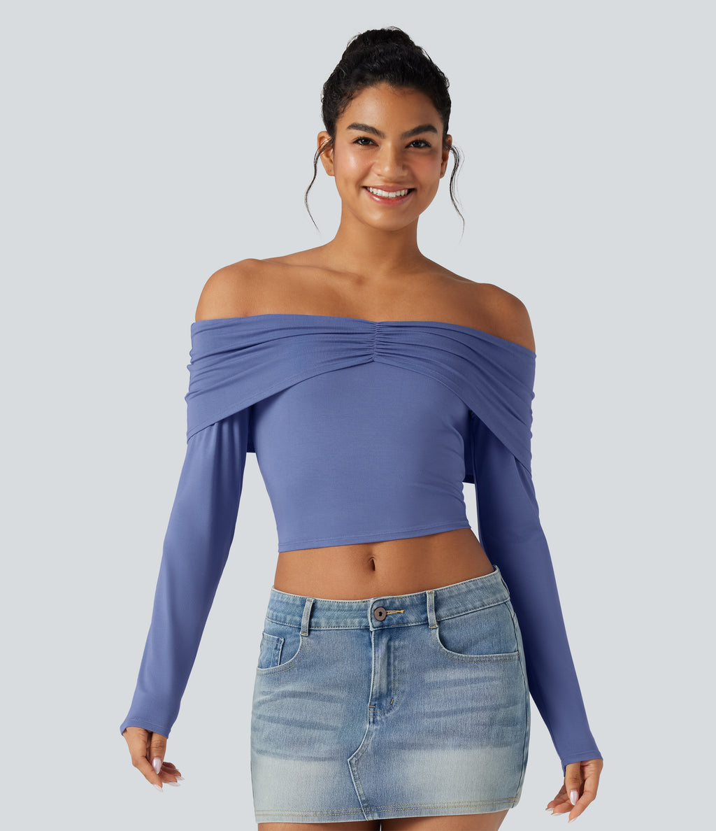 Off-shoulder Long Sleeve Ultra-slim Fit Casual Top — Bleached Denim — view 4