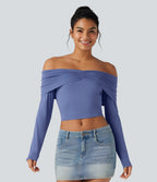 Off-shoulder Long Sleeve Ultra-slim Fit Casual Top — Bleached Denim — view 4