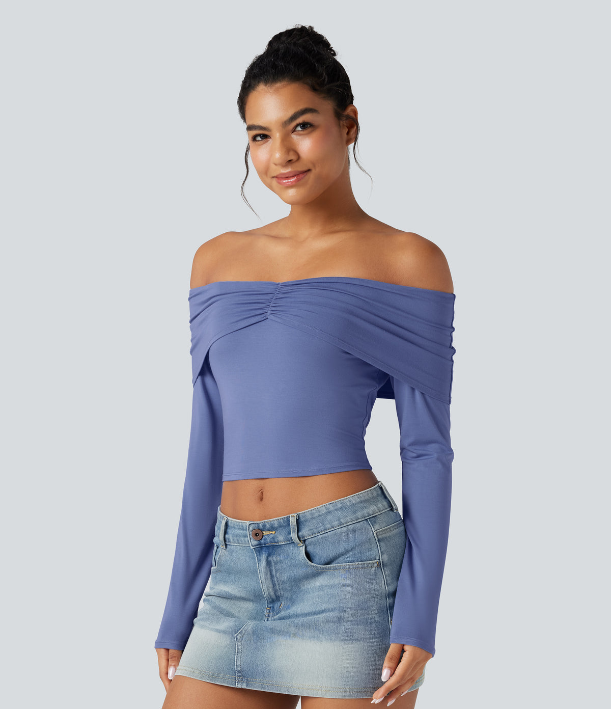 Off-shoulder Long Sleeve Ultra-slim Fit Casual Top — Bleached Denim — view 3