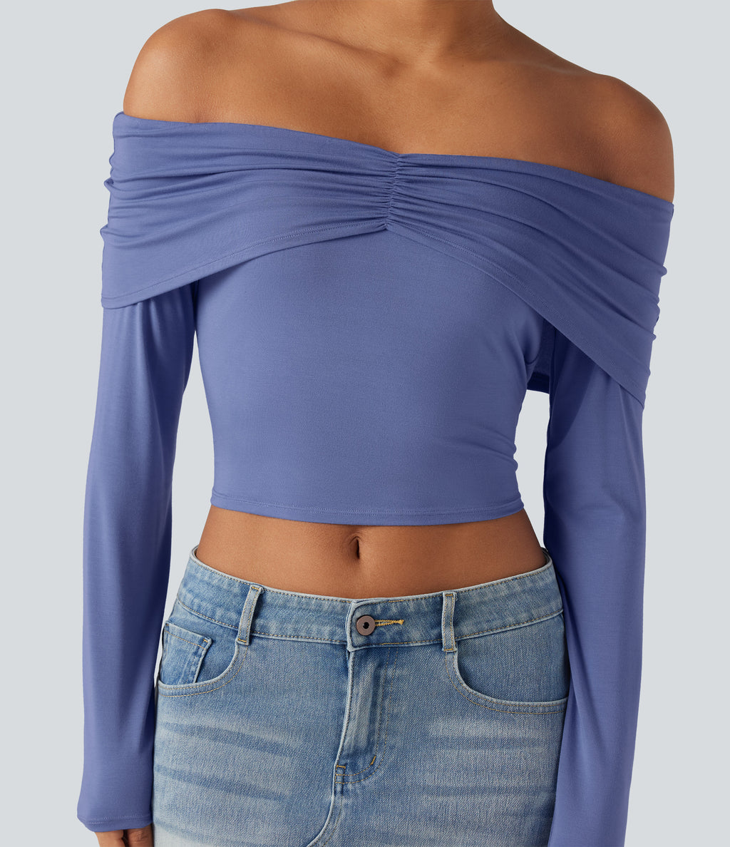 Off-shoulder Long Sleeve Ultra-slim Fit Casual Top — Bleached Denim — view 1