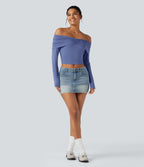 Off-shoulder Long Sleeve Ultra-slim Fit Casual Top — Bleached Denim — view 6