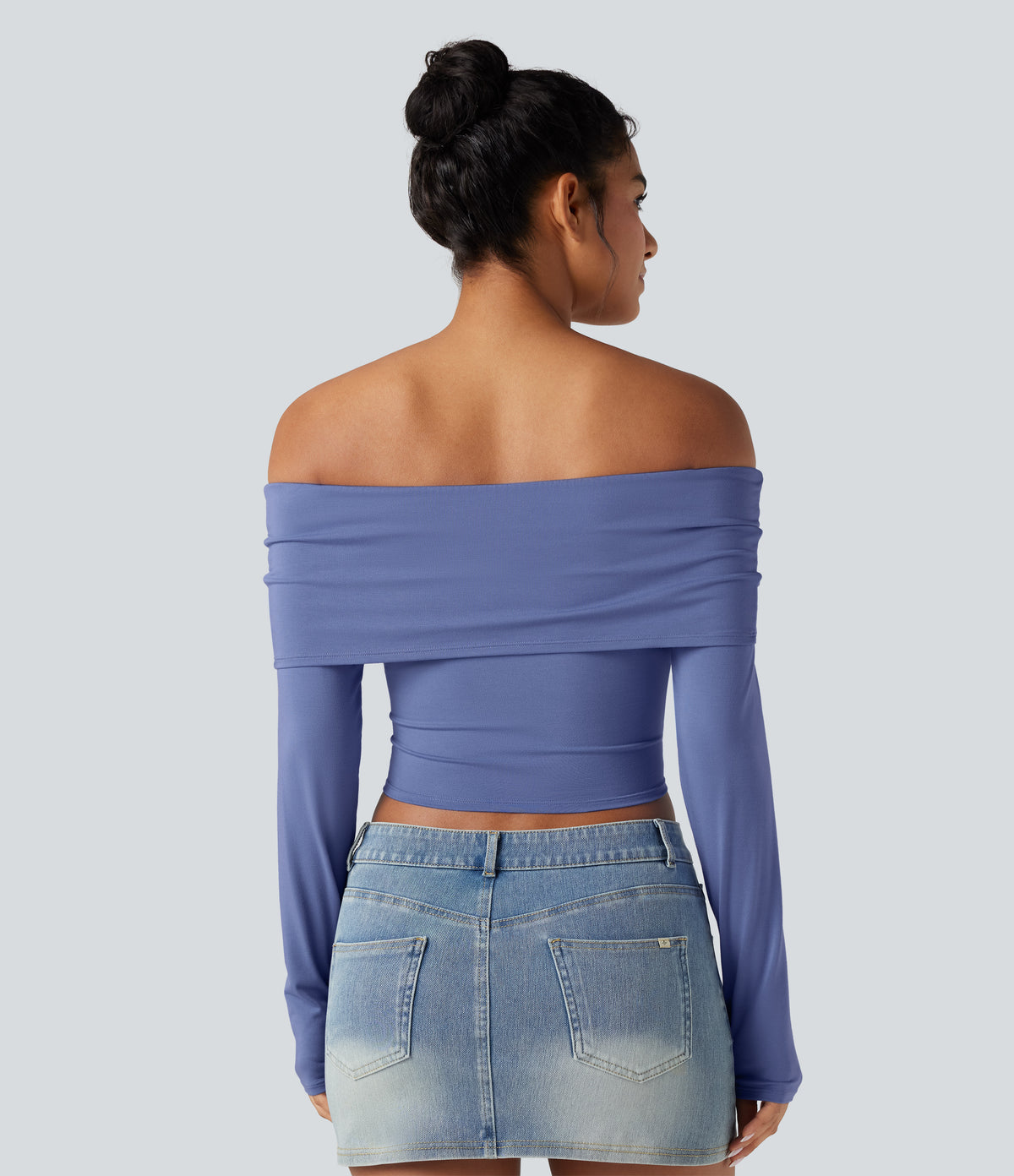 Off-shoulder Long Sleeve Ultra-slim Fit Casual Top — Bleached Denim — view 2