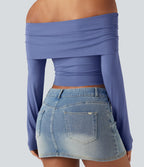 Off-shoulder Long Sleeve Ultra-slim Fit Casual Top — Bleached Denim — view 5