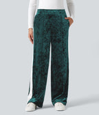 Mid Rise Drawstring Color Block Velvet Casual Straight Leg Trousers with Pockets — Bistro Green — view 3