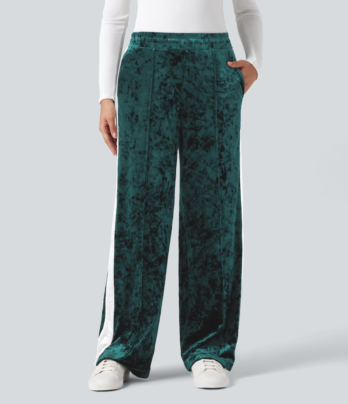 Mid Rise Drawstring Color Block Velvet Casual Straight Leg Trousers with Pockets — Bistro Green — view 3