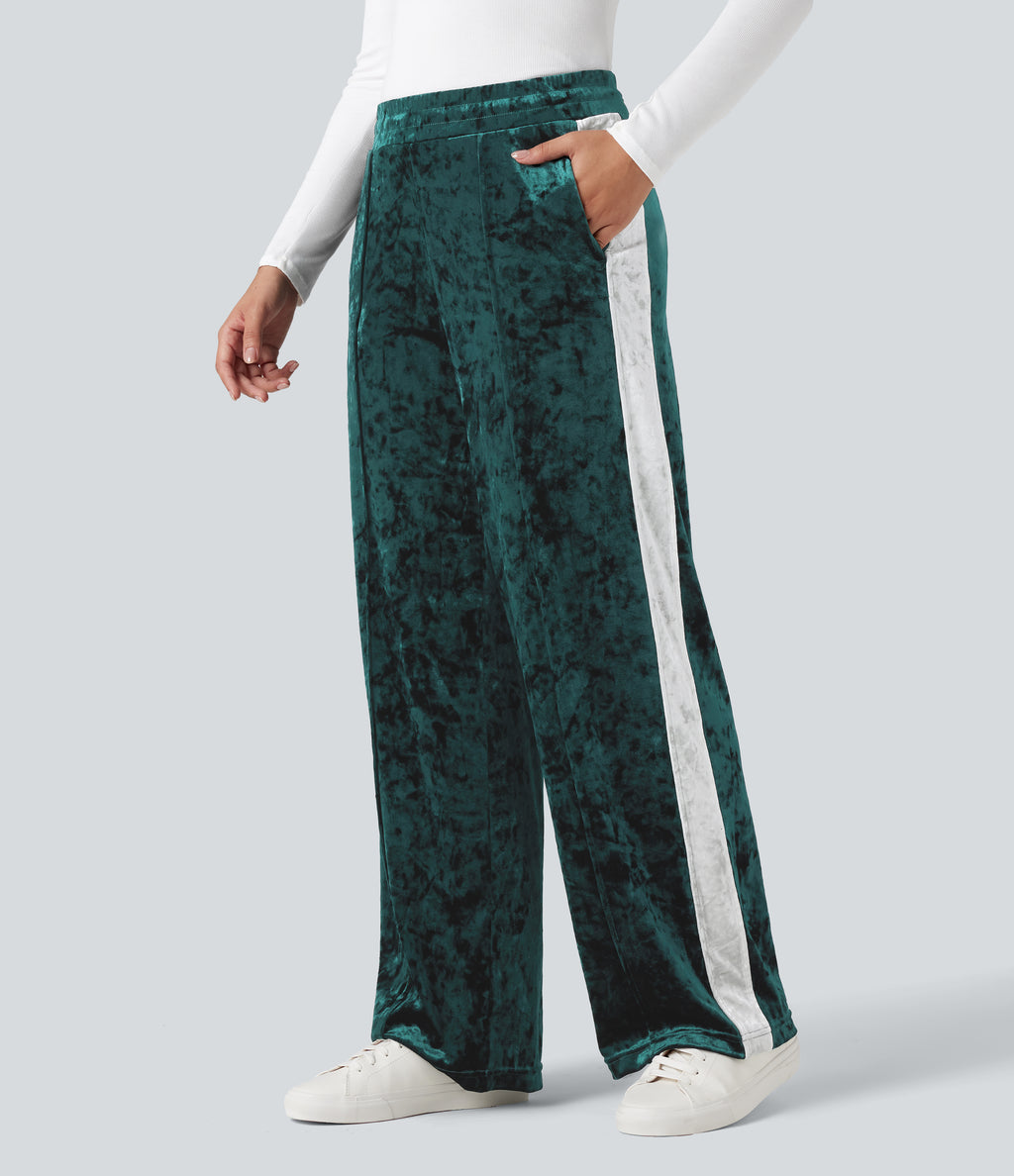 Mid Rise Drawstring Color Block Velvet Casual Straight Leg Trousers with Pockets — Bistro Green — view 4