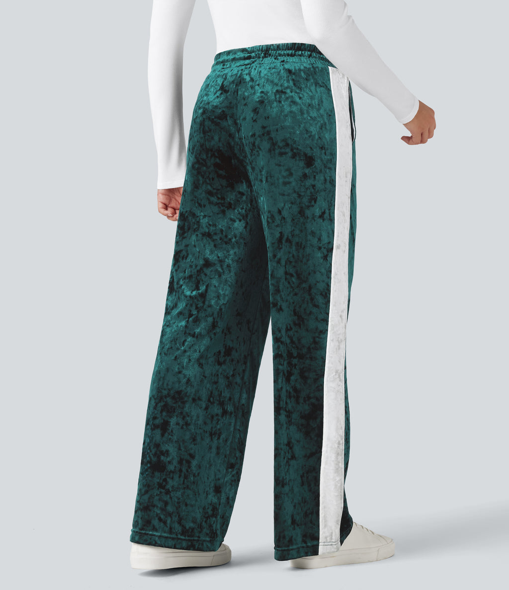 Mid Rise Drawstring Color Block Velvet Casual Straight Leg Trousers with Pockets — Bistro Green — view 2