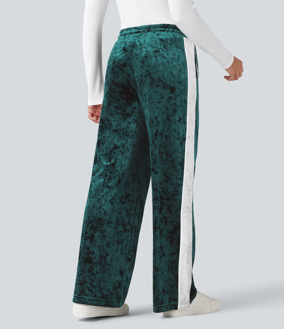 Mid Rise Drawstring Color Block Velvet Casual Straight Leg Trousers with Pockets — Bistro Green — view 2