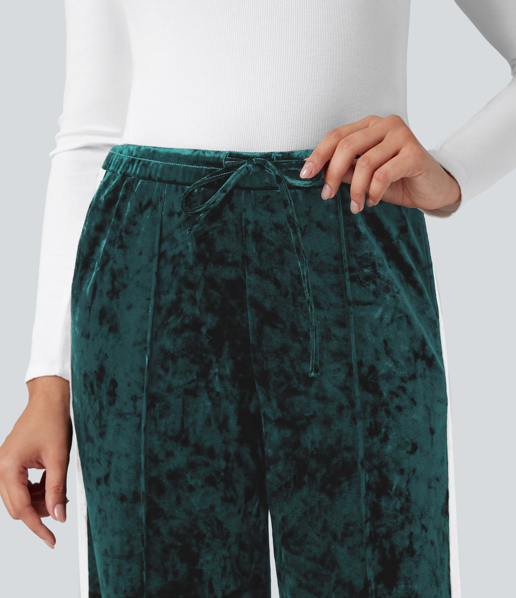 Mid Rise Drawstring Color Block Velvet Casual Straight Leg Trousers with Pockets — Bistro Green — view 5