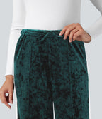 Mid Rise Drawstring Color Block Velvet Casual Straight Leg Trousers with Pockets — Bistro Green — view 5