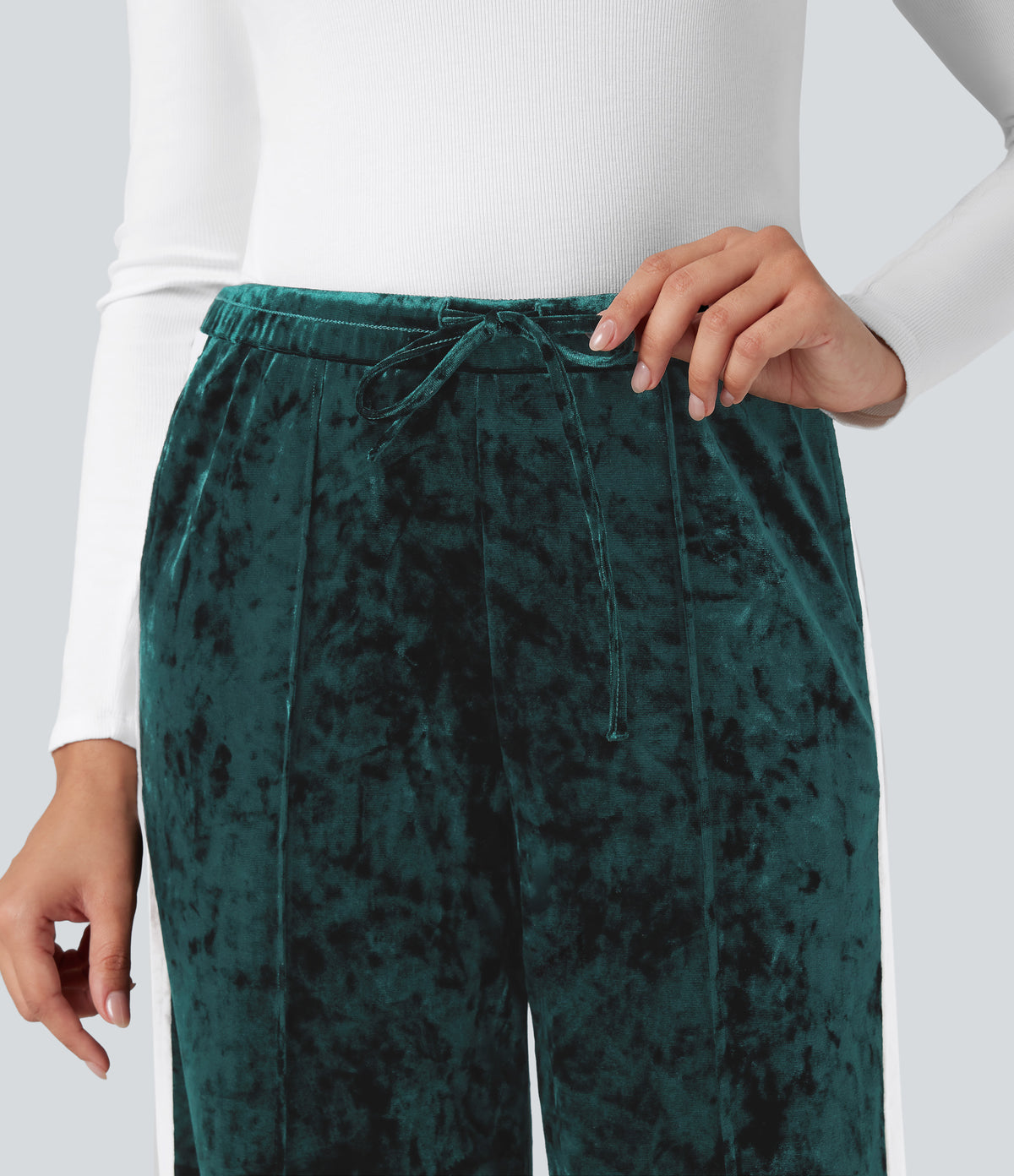 Mid Rise Drawstring Color Block Velvet Casual Straight Leg Trousers with Pockets — Bistro Green — view 5