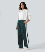 Mid Rise Drawstring Color Block Velvet Casual Straight Leg Trousers with Pockets — Bistro Green — view 7