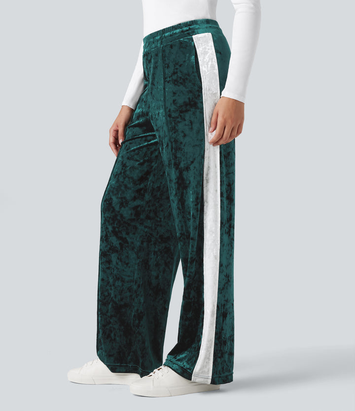 Mid Rise Drawstring Color Block Velvet Casual Straight Leg Trousers with Pockets — Bistro Green — view 1