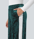Mid Rise Drawstring Color Block Velvet Casual Straight Leg Trousers with Pockets — Bistro Green — view 6
