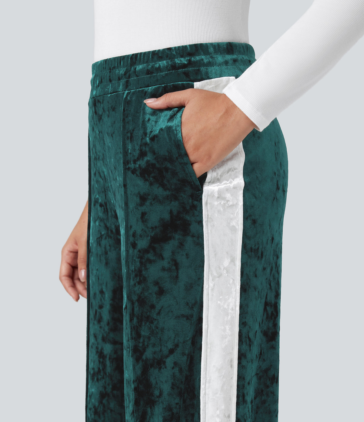 Mid Rise Drawstring Color Block Velvet Casual Straight Leg Trousers with Pockets — Bistro Green — view 6