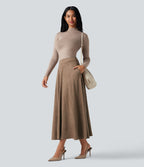 High Waisted Suede Midi Casual Flare Skirt with Pockets — Coca Mocha — view 6