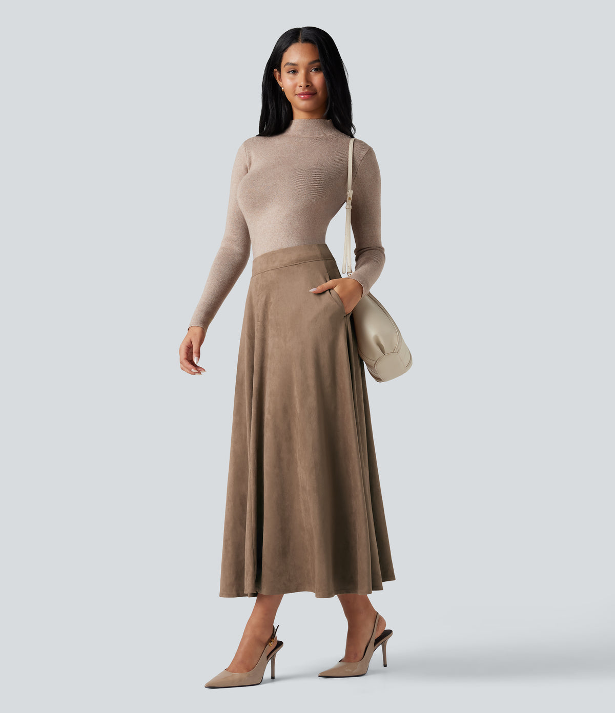 High Waisted Suede Midi Casual Flare Skirt with Pockets — Coca Mocha — view 6