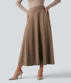 High Waisted Suede Midi Casual Flare Skirt with Pockets — Coca Mocha — view 1