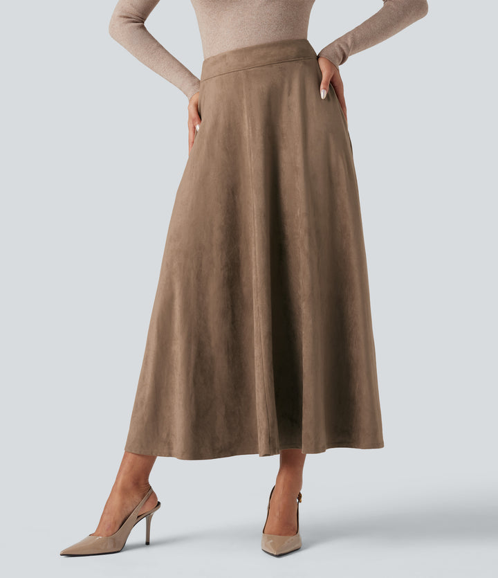 High Waisted Suede Midi Casual Flare Skirt with Pockets — Coca Mocha — view 1