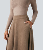 High Waisted Suede Midi Casual Flare Skirt with Pockets — Coca Mocha — view 4