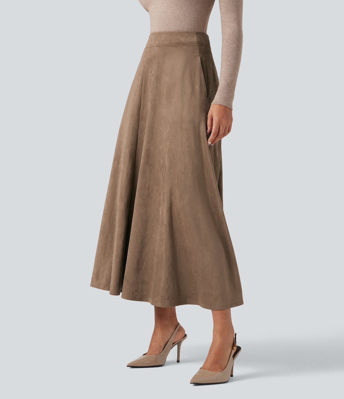 High Waisted Suede Midi Casual Flare Skirt with Pockets — Coca Mocha — view 3