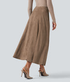 High Waisted Suede Midi Casual Flare Skirt with Pockets — Coca Mocha — view 2