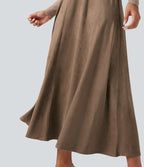 High Waisted Suede Midi Casual Flare Skirt with Pockets — Coca Mocha — view 5