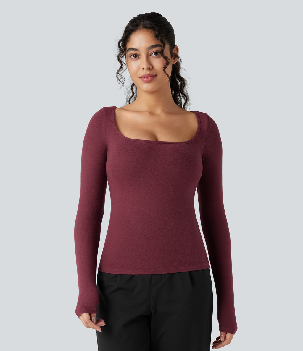 HeatCore Scoop Neck Long Sleeve Work Warming T-Shirt — Cordovan — view 5