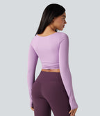 Push-Up Molded Spacer Scoop Neck Long Sleeve Thumb Holes Crossover Cropped Yoga Sports Top — Plum Pink Purple — view 3