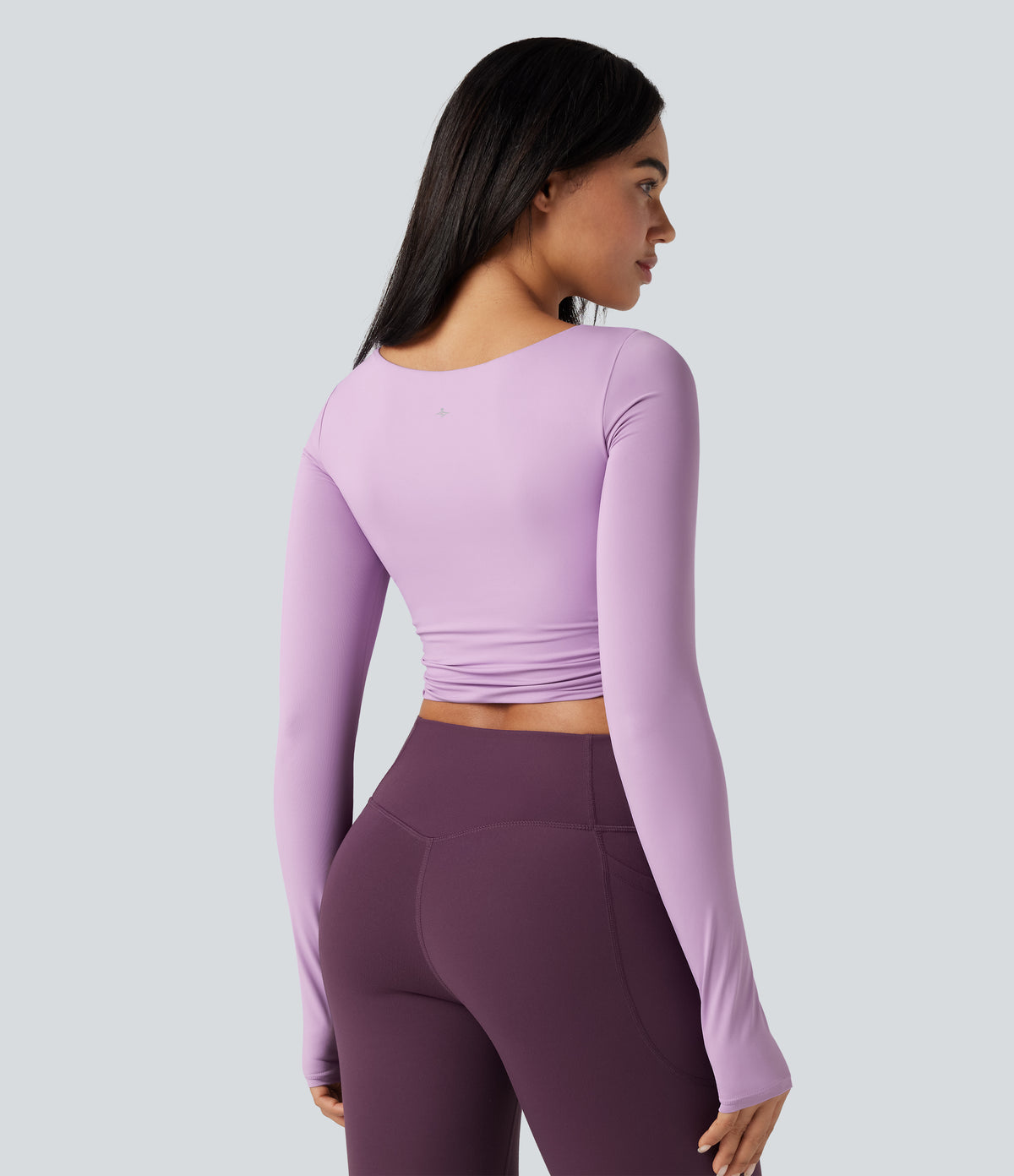 Push-Up Molded Spacer Scoop Neck Long Sleeve Thumb Holes Crossover Cropped Yoga Sports Top — Plum Pink Purple — view 3