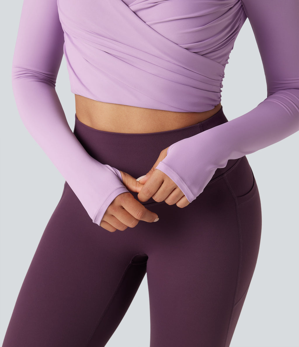 Push-Up Molded Spacer Scoop Neck Long Sleeve Thumb Holes Crossover Cropped Yoga Sports Top — Plum Pink Purple — view 5