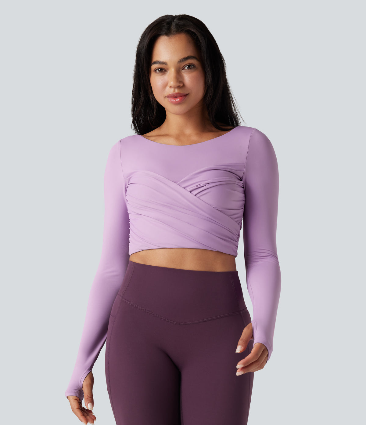 Push-Up Molded Spacer Scoop Neck Long Sleeve Thumb Holes Crossover Cropped Yoga Sports Top — Plum Pink Purple — view 4