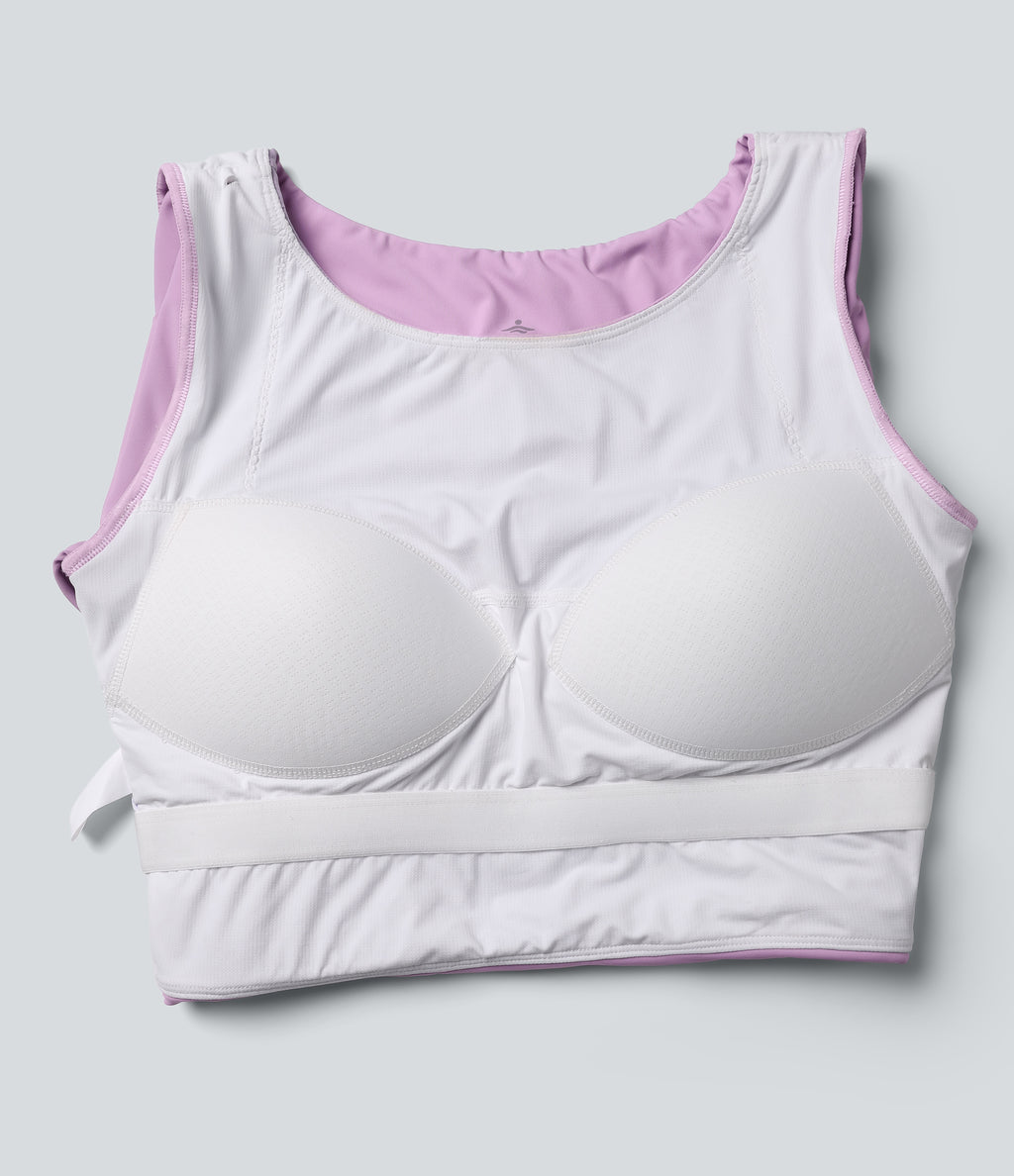Push-Up Molded Spacer Scoop Neck Long Sleeve Thumb Holes Crossover Cropped Yoga Sports Top — Plum Pink Purple — view 7