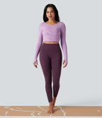 Push-Up Molded Spacer Scoop Neck Long Sleeve Thumb Holes Crossover Cropped Yoga Sports Top — Plum Pink Purple — view 6