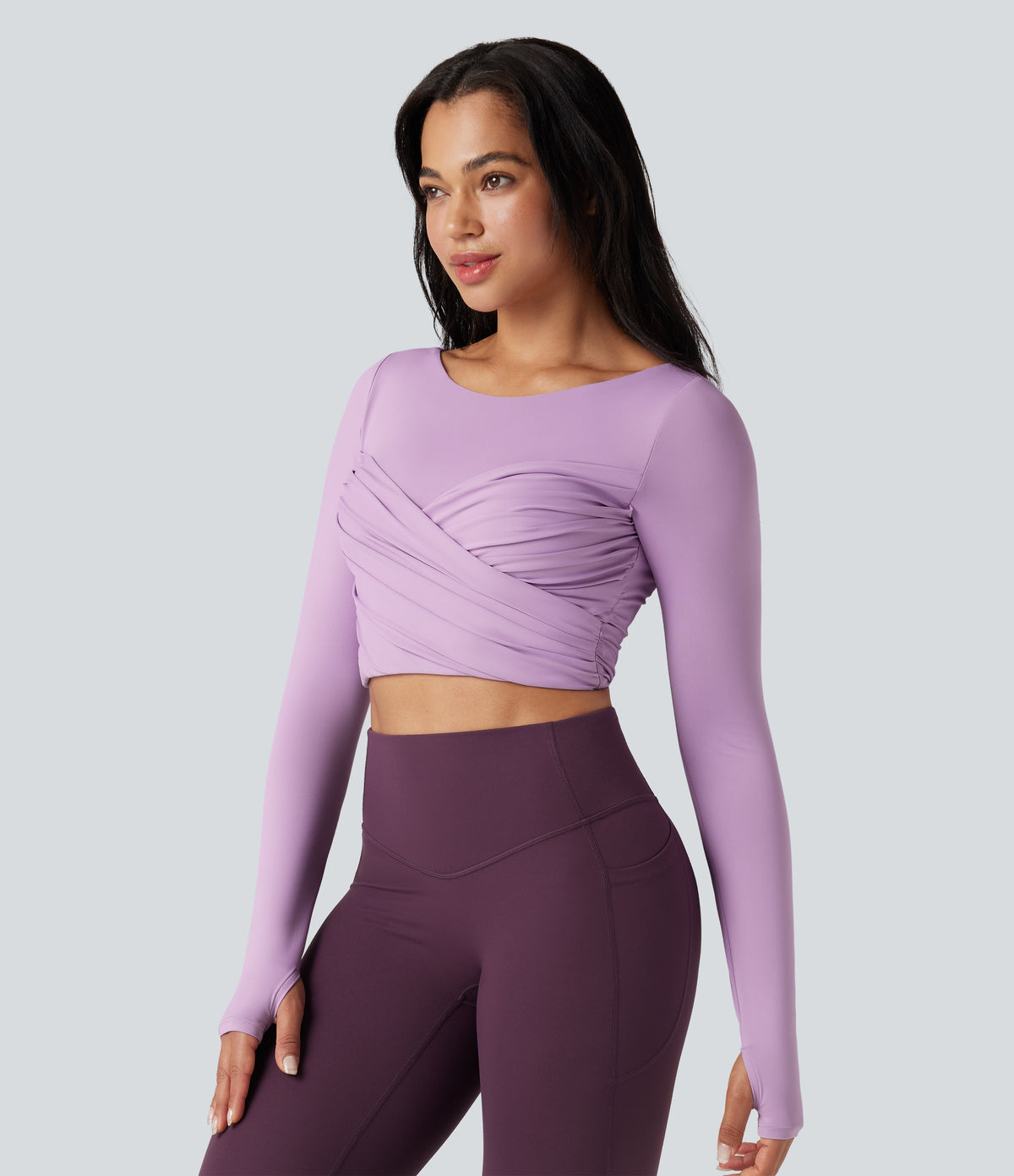 Push-Up Molded Spacer Scoop Neck Long Sleeve Thumb Holes Crossover Cropped Yoga Sports Top — Plum Pink Purple — view 2