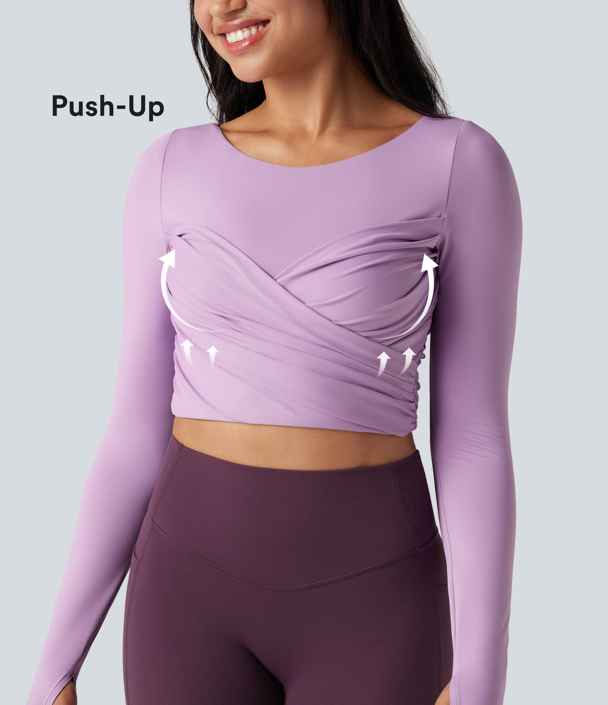 Push-Up Molded Spacer Scoop Neck Long Sleeve Thumb Holes Crossover Cropped Yoga Sports Top — Plum Pink Purple — view 1