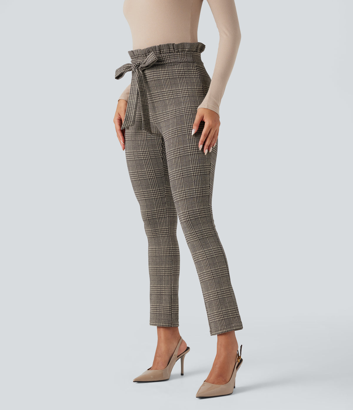 Paper Bag High Waisted Tie Houndstooth Plaid Work Skinny Trousers with Pockets — Brown Houndstooth Plaid — view 3